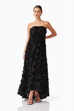 Textured Floral Strapless Gown - Black