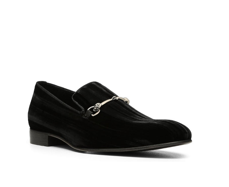 Velvet Loafers with Metal Buckle - Black