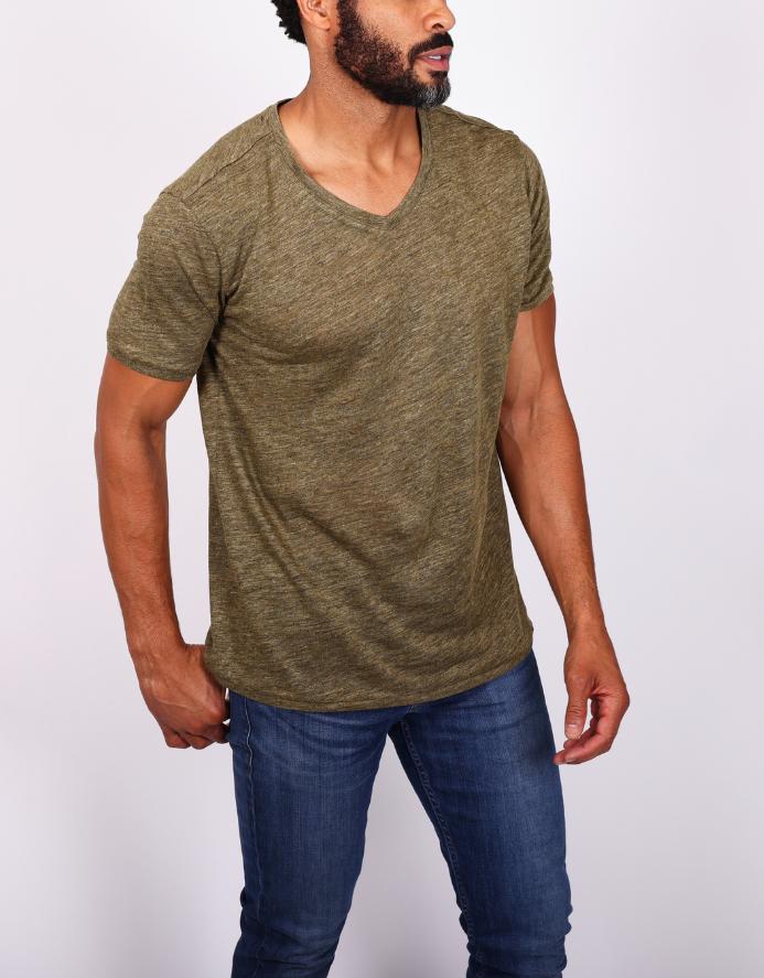 Slub Linen V-neck T-shirt - Army