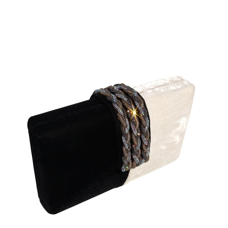 Velvet Tuxedo Clutch with Braided Crystal Closure - Black/White