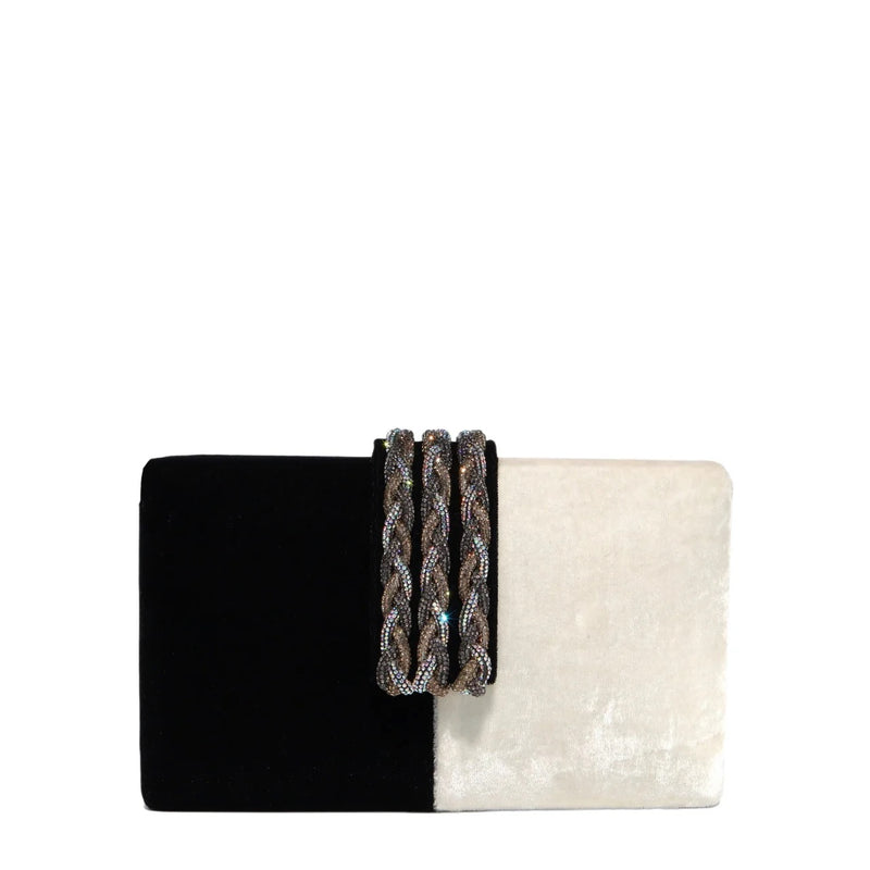 Velvet Tuxedo Clutch with Braided Crystal Closure - Black/White